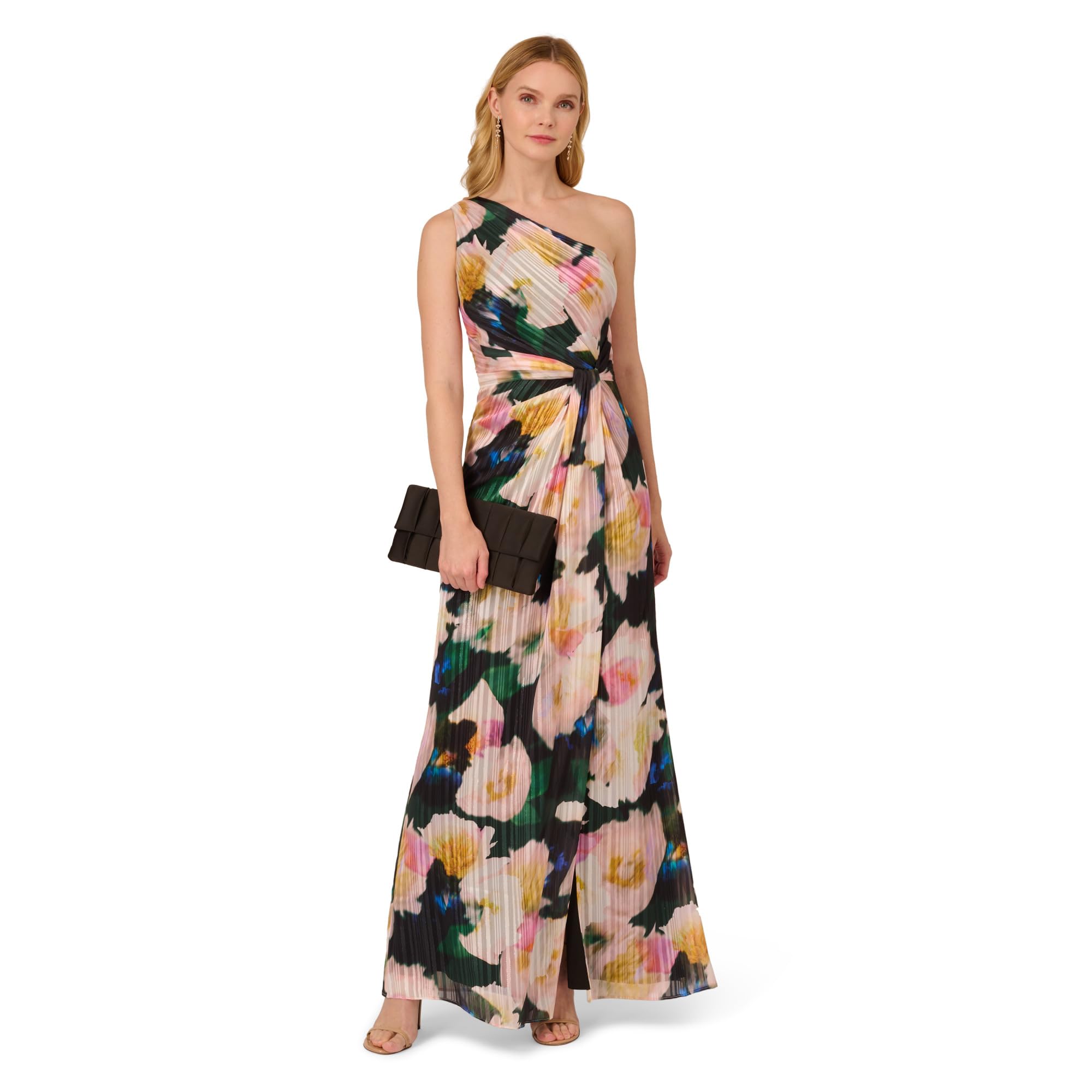 Adrianna Papell Women's One Shoulder Chiffon Gown Special Occasion Dress, Black/Blush Multi, 6