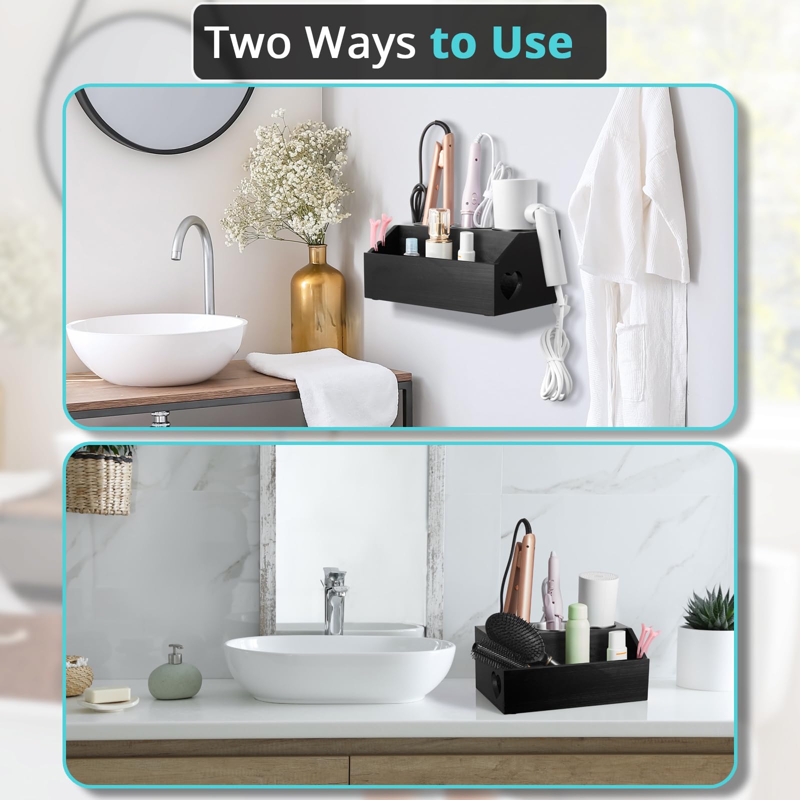 Bivvclaz Organizador de herramientas de madera para el cabello, soporte de pared para secador de pelo, organizador de herramientas calientes para encimera para accesorios de peinado, suministros de