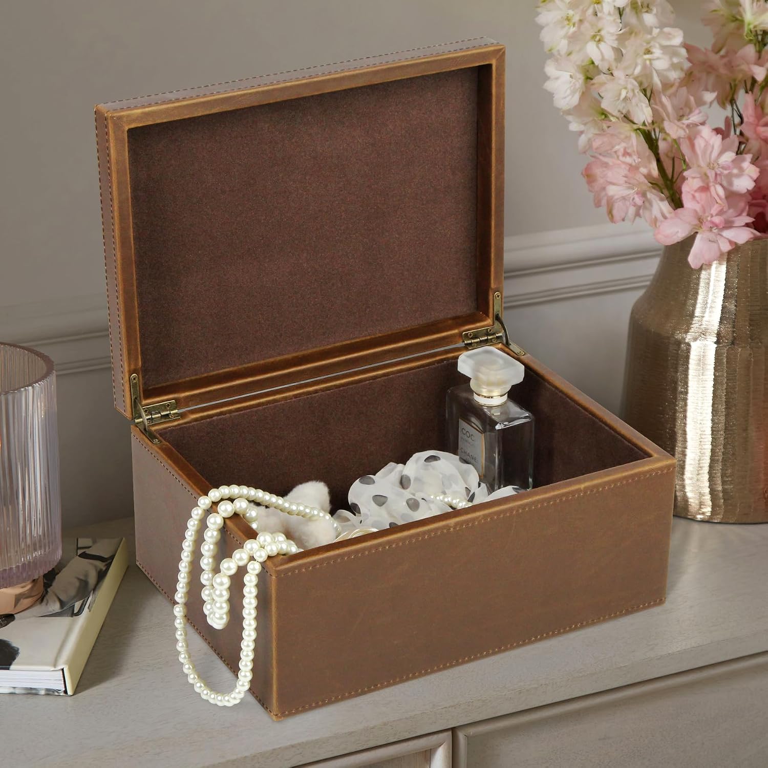 HofferRuffer Faux Leather Decorative Box, Large Wooden Structure Keepsake Box Accessory Organizer Jewelry Organizer with Hinged Lid, Storage Container for Home or Office (Brown)