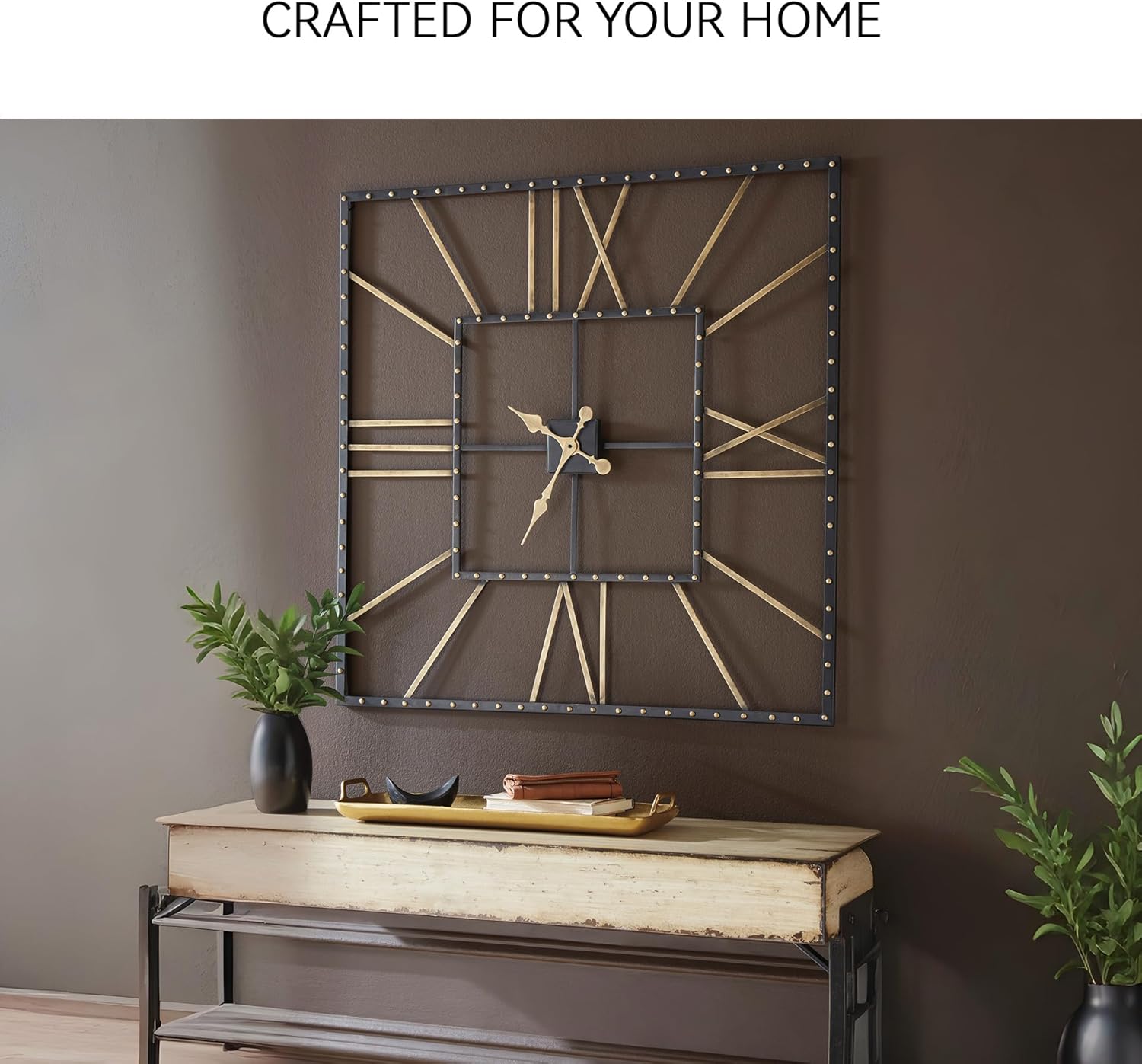 Signature Design by Ashley Thames Modern 40" Square Metal Roman Numeral Wall Clock, Black & Gold