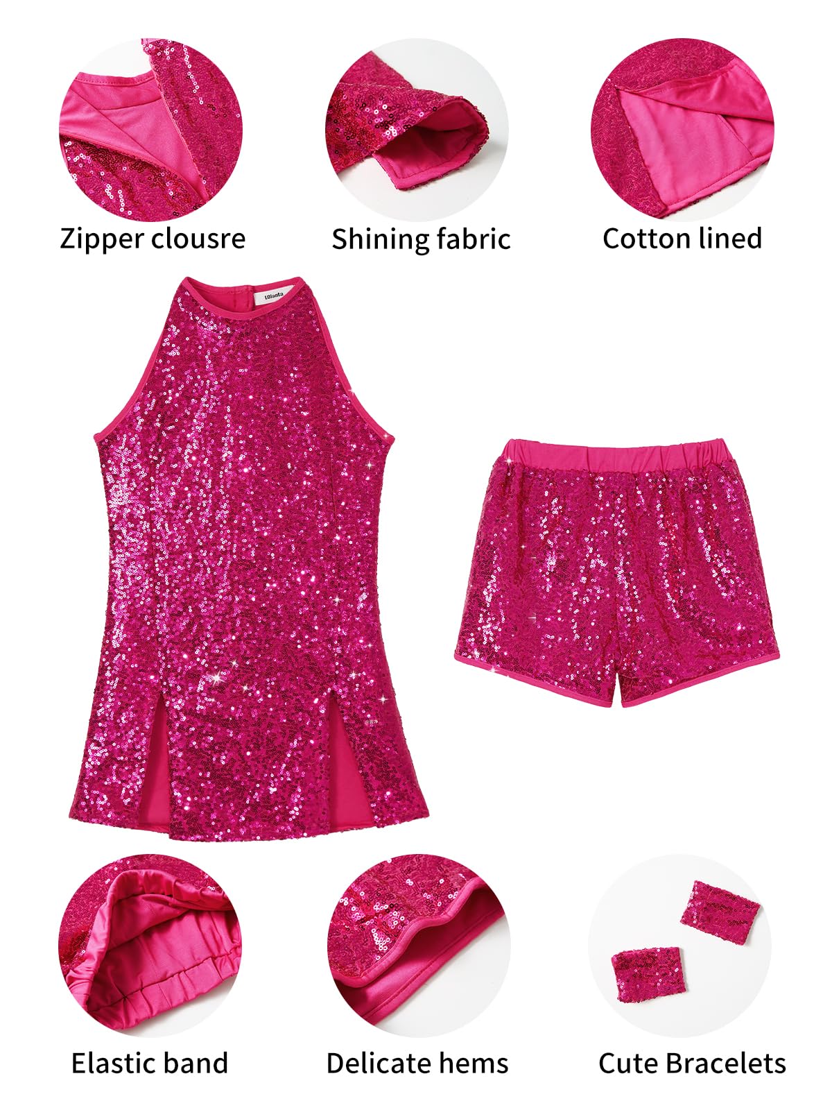 LOLANTA Traje de Baile de Lentejuelas para Niñas Ropa de Baile de Hip Hop Conjunto de Traje de Vestido de Baile Brillante