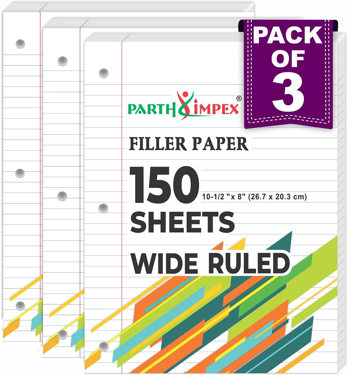 PARTH IMPEX Wide Ruled Loose Leaf Paper, 450 Sheets, 3 Hole Punched