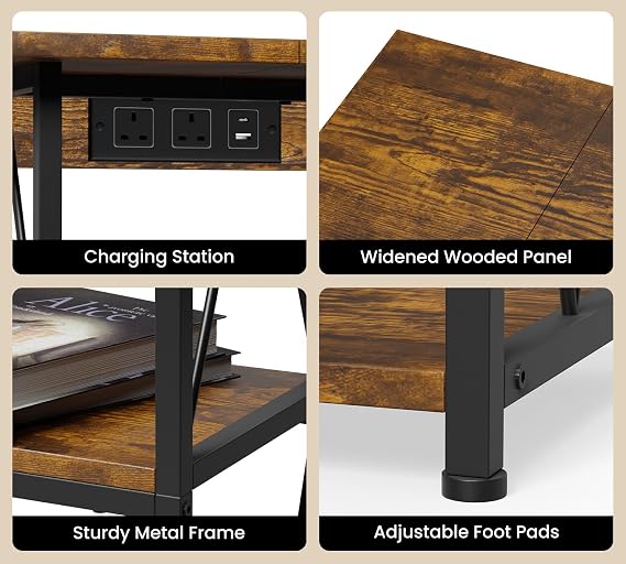 HFHOME 2025 Upgraded Extended Tabletop Record Player Stand with Charging Station, 3 Tier End Table with Vinyl Record Storage, Turntable Stand for Vinyl Player in Living Room Bedroom