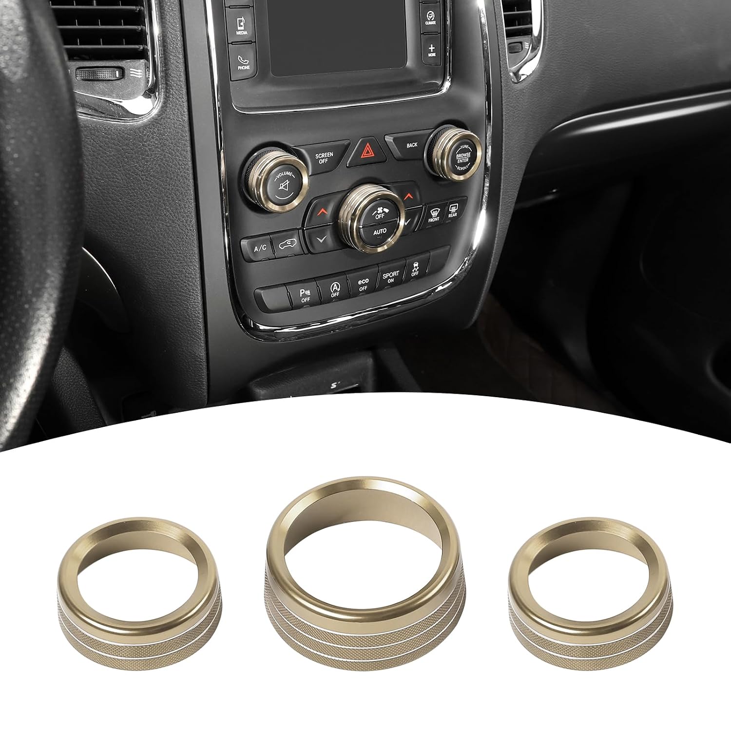 AC Volume Switch Knob Trim Ring Compatible with Dodge Charger 2011+/Challenger 2015+/RAM 2012-2017/Durango 2016-2022/Chrysler 300C 2011+, Aluminum Alloy Interior Accessories 3pcs, Gold