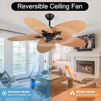 52 Palm Leaf Ceiling Fans with 5 Blades, Indoor/Outdoor Tropical Ceiling Fan No Light with Remote and Pull Chain Control for Patios and Bedrooms (Acacia Wood)