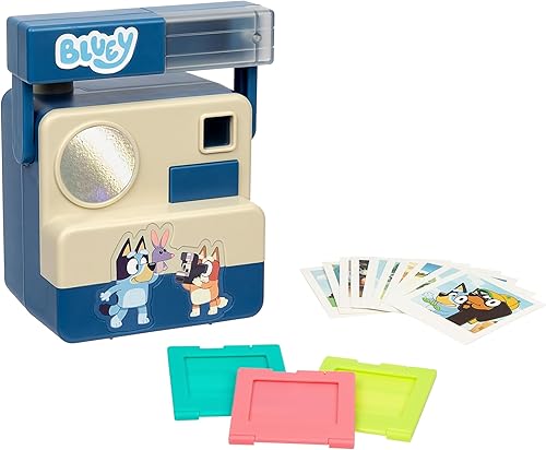 Bluey Chikit Chikit - Cámara de juguete para juegos de rol para niños con 10 tarjetas de fotos, 3 cartuchos de película emergentes, juego de