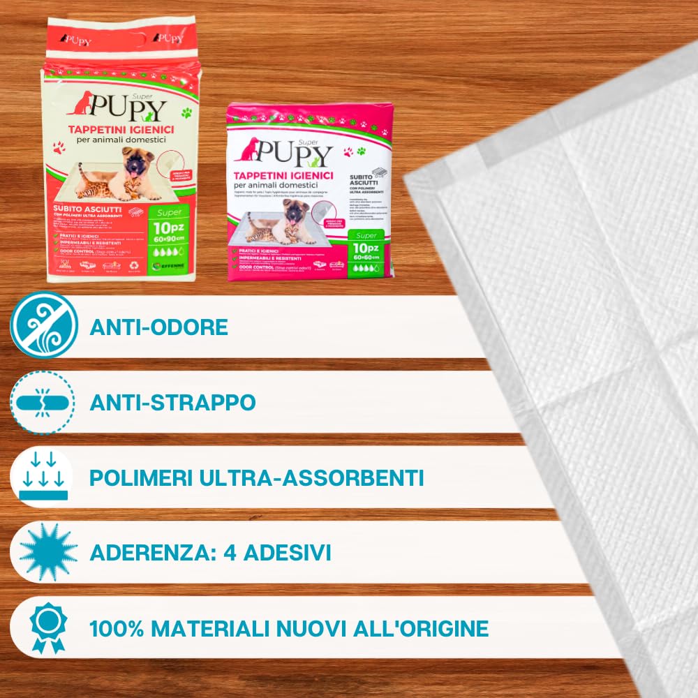 PUPY Super - 100 tappetini igienici per cani 60x90 con Polimeri Ultra-Assorbenti. Traversine Cani 60x90 Monouso e Anti-Odore, Traverse Cani con 4 Lati Super-Adesivi (60x90, 100)