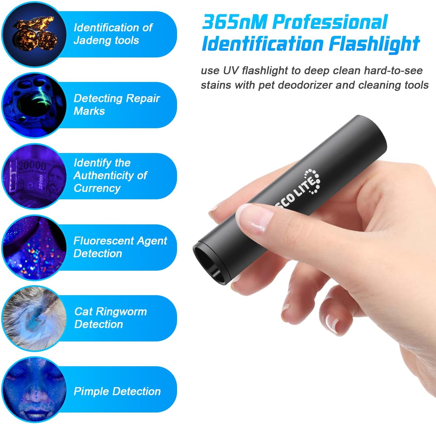 ESCO LITE UV Flashlight Black Light, Rechargeable 365nM Ultraviolet Flashlight, Blue Light Flashlight for Pet Urine Detection, Blacklights for Dog Cat Urine, Bed Bugs, Ringworm,Resin Curing