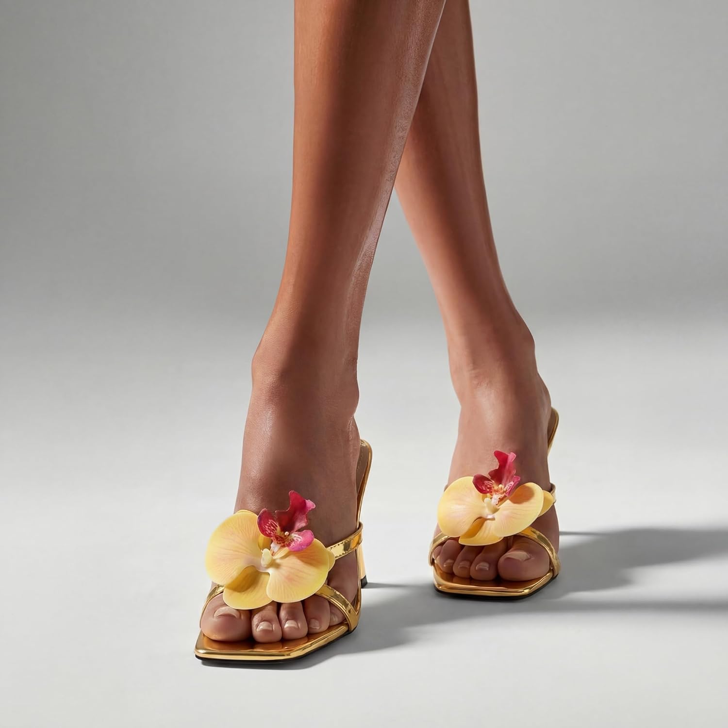 Women's Flower Kitten Heels Slide Sandals Comfortable Slip On Open Toe Summer Weddings Parties Beach Floral Heels Sandals