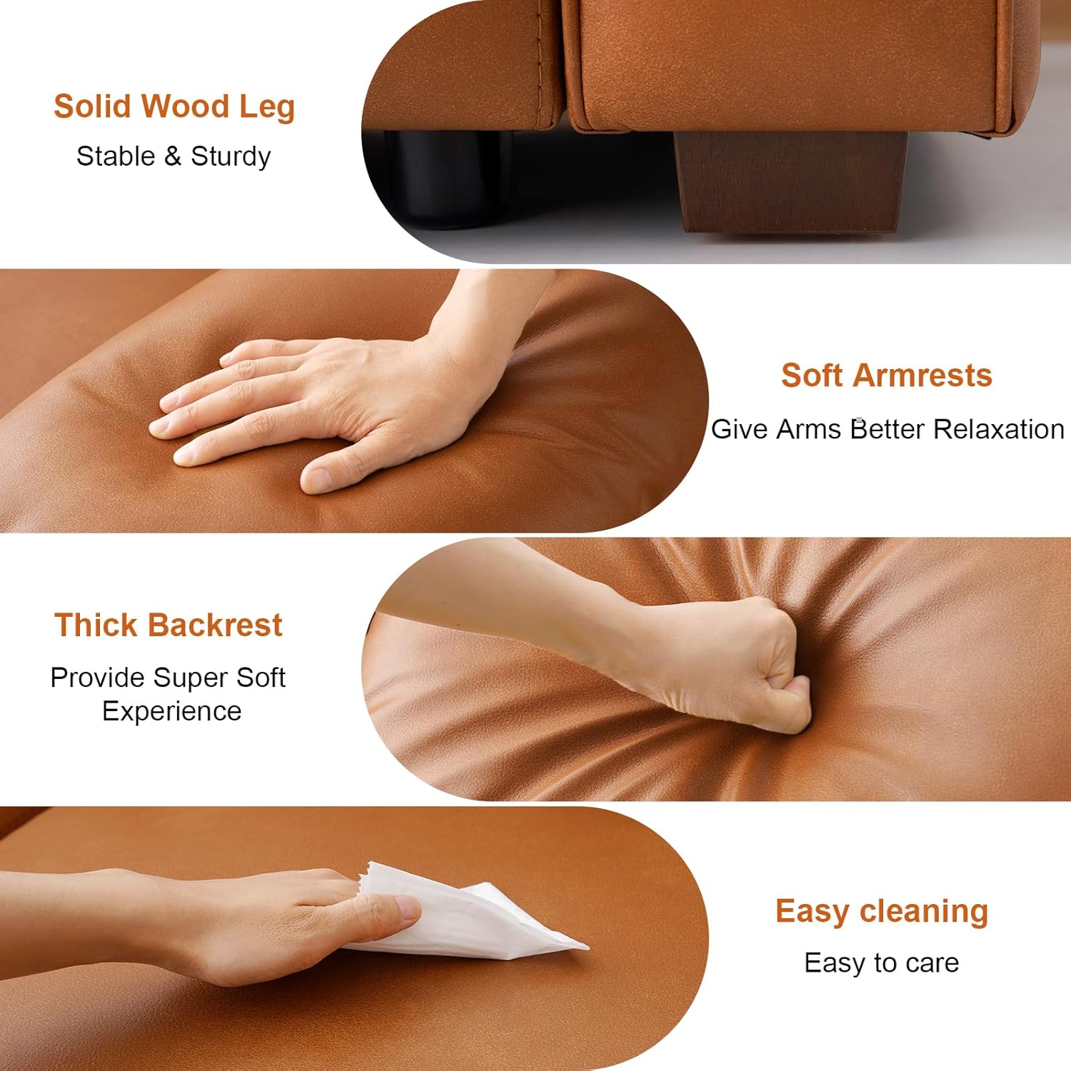 2-Peice PU Faux Leather Sofa Set, 5 Seats Couch, with Deep Seats,Wide Arm,and Wood Legs, 3 Seater & Loveseat for Living Room, Mid-Century Modular Modern Oversized Couch Set, (Brown,3+2)