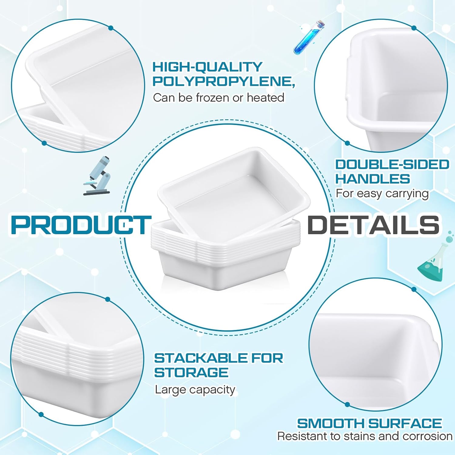 Kingdder 10 Pcs Polypropylene Containment Tray 16'' L x 11'' W x 3.5'' H Multi-Purpose Lab Plastic Tray Temperature Resistant Spill Lab Tool Stackable for Sterilizing Drying Laboratory Supplies