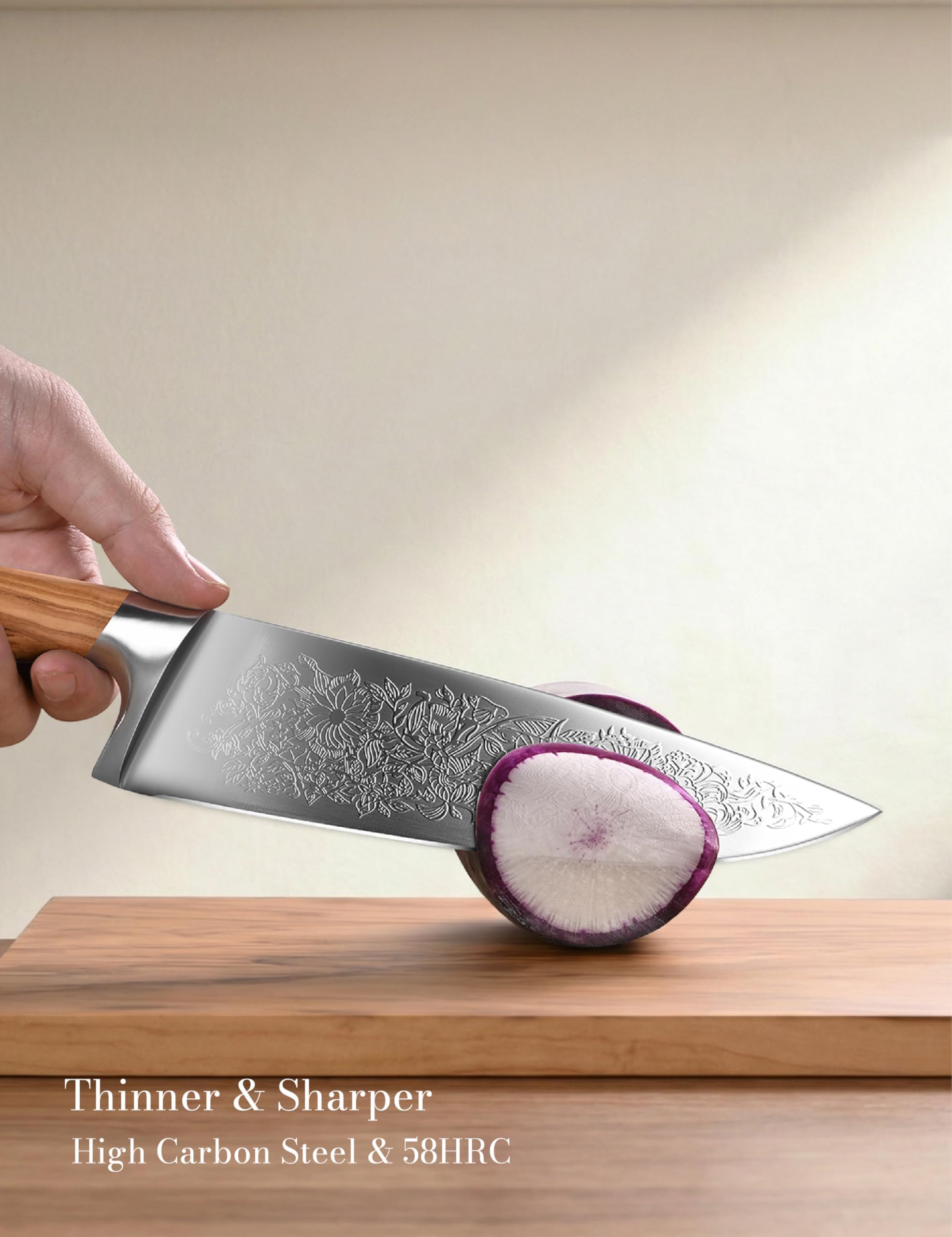 Chef Kitchen Knife 8", Embossed Botanical Blade, Olive Wood Handle — Amazon image 6