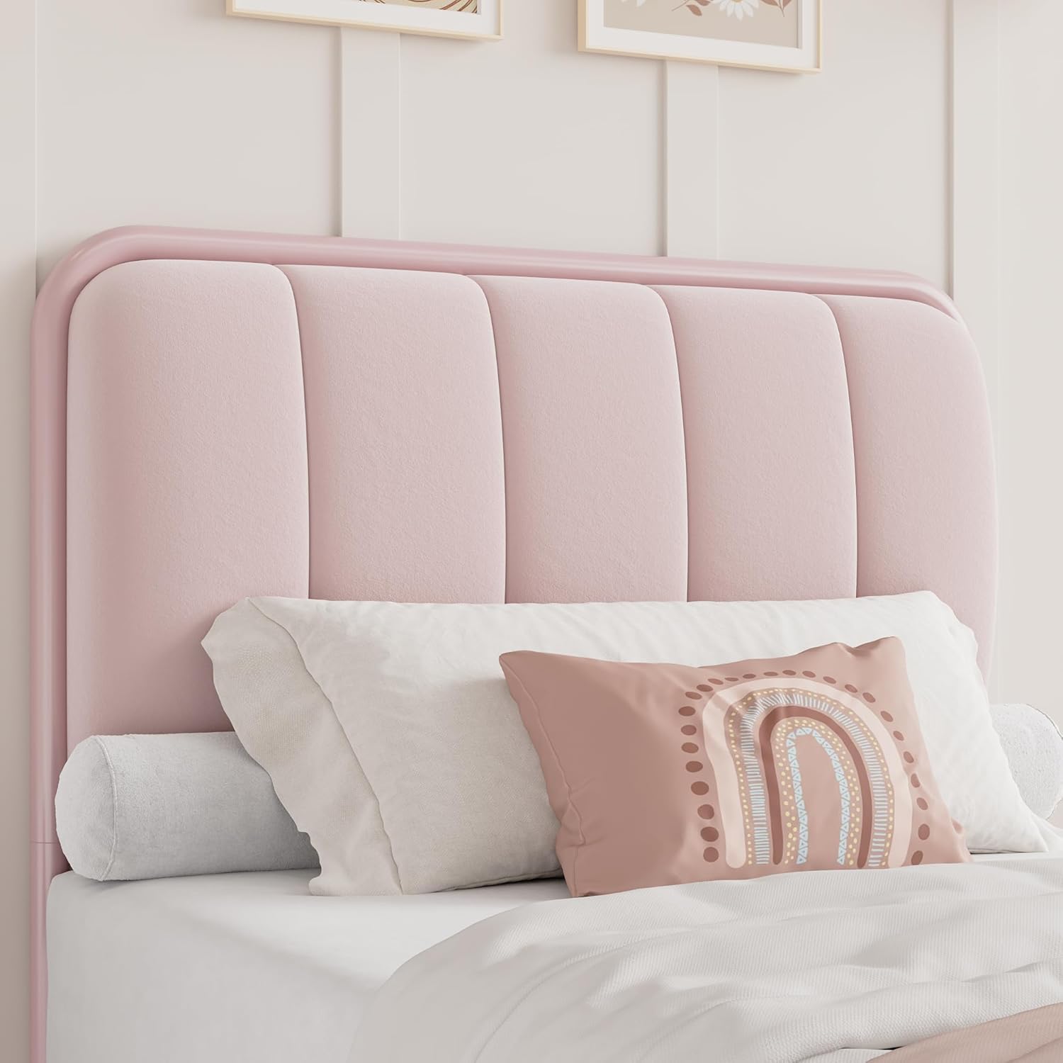 HITHOS Twin Size Bed Frame, Upholstered Pink Bed Frame with Button Tufted Headboard, Heavy Duty Metal Mattress Foundation with Wooden Slats, Easy Assembly, No Box Spring Needed (Pink, Twin)