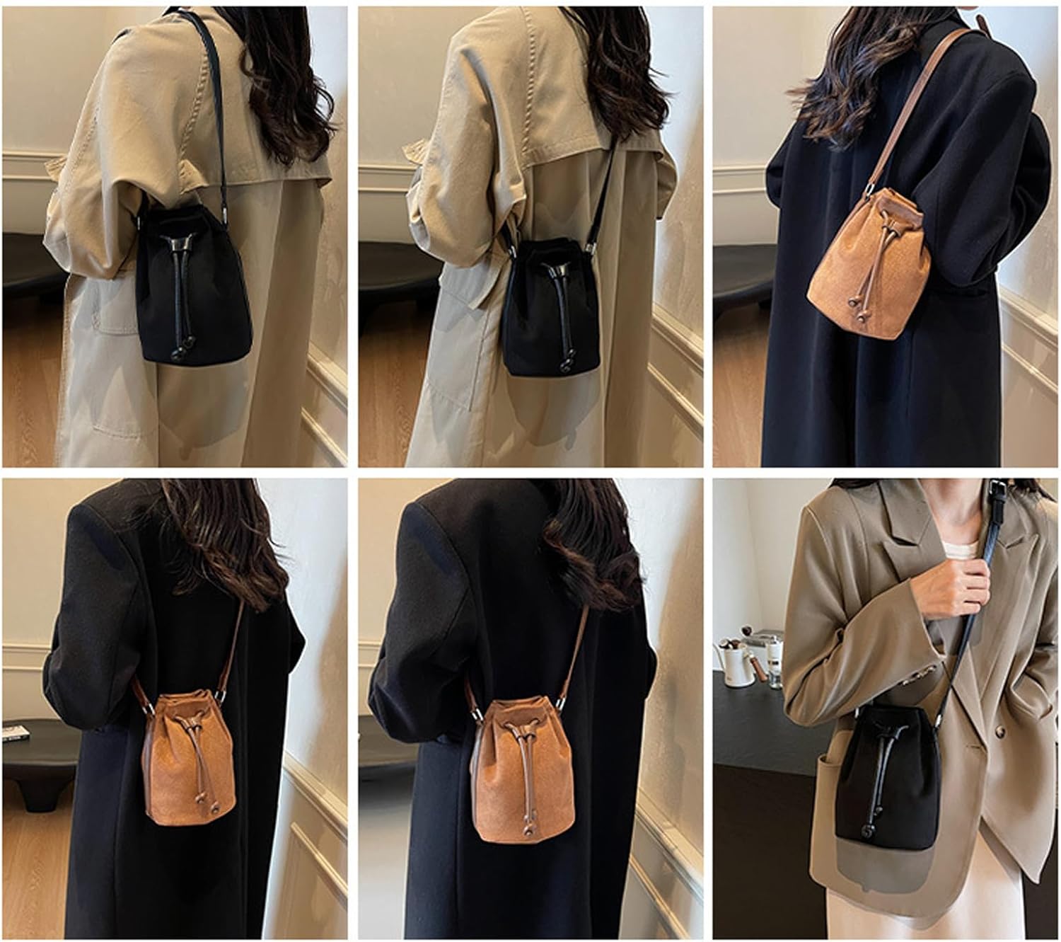 Retro Suedes Bucket Bag With Adjustable Drawstring Closure Fashion Crossbody Bag Phone Pouches For Everyday Essential - Image 4