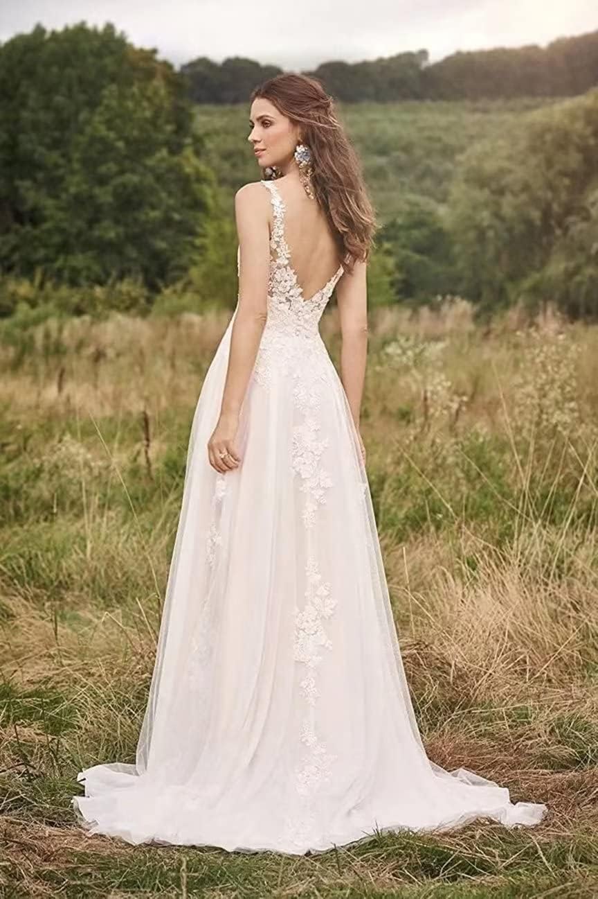 Damen Tüll Brautkleid Elegant Hochzeitskleider mit Spitze Lang Glitzer V-Ausschnitt Trauung Kleid Ärmellos