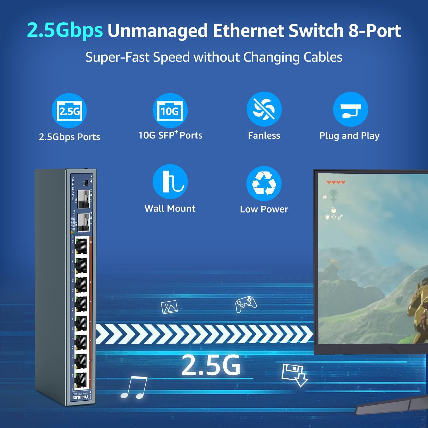 10 Port 2.5G Unmanaged Ethernet Switch, 8 x 2.5G Base-T Ports, 2 x 10G SFP, Compatible with 100/1000/2500Mbps, VLAN, Fanless, Desktop/Wall Mount YuanLey 2.5Gbe Network Switch for Wireless AP, NAS, PC 3 71bGiIIOLgL. AC SL1500