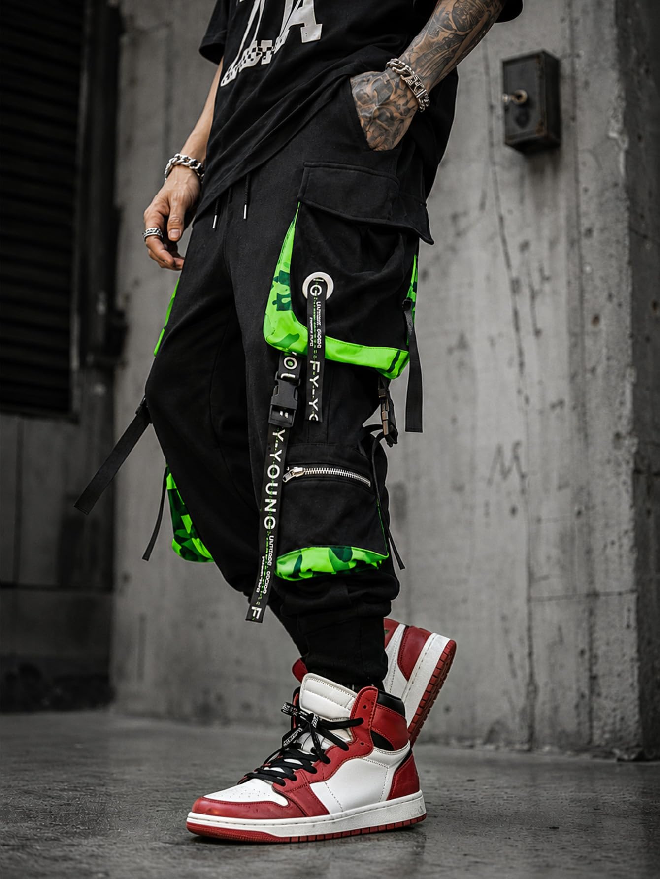 Hello MrLin Jogginghose für Herren, Punk, Cargohose, Baggy, Techwear, Hip-Hop, Haremshose, Streetwear, Taktische Trainingshose, schwarz und grün, Klein