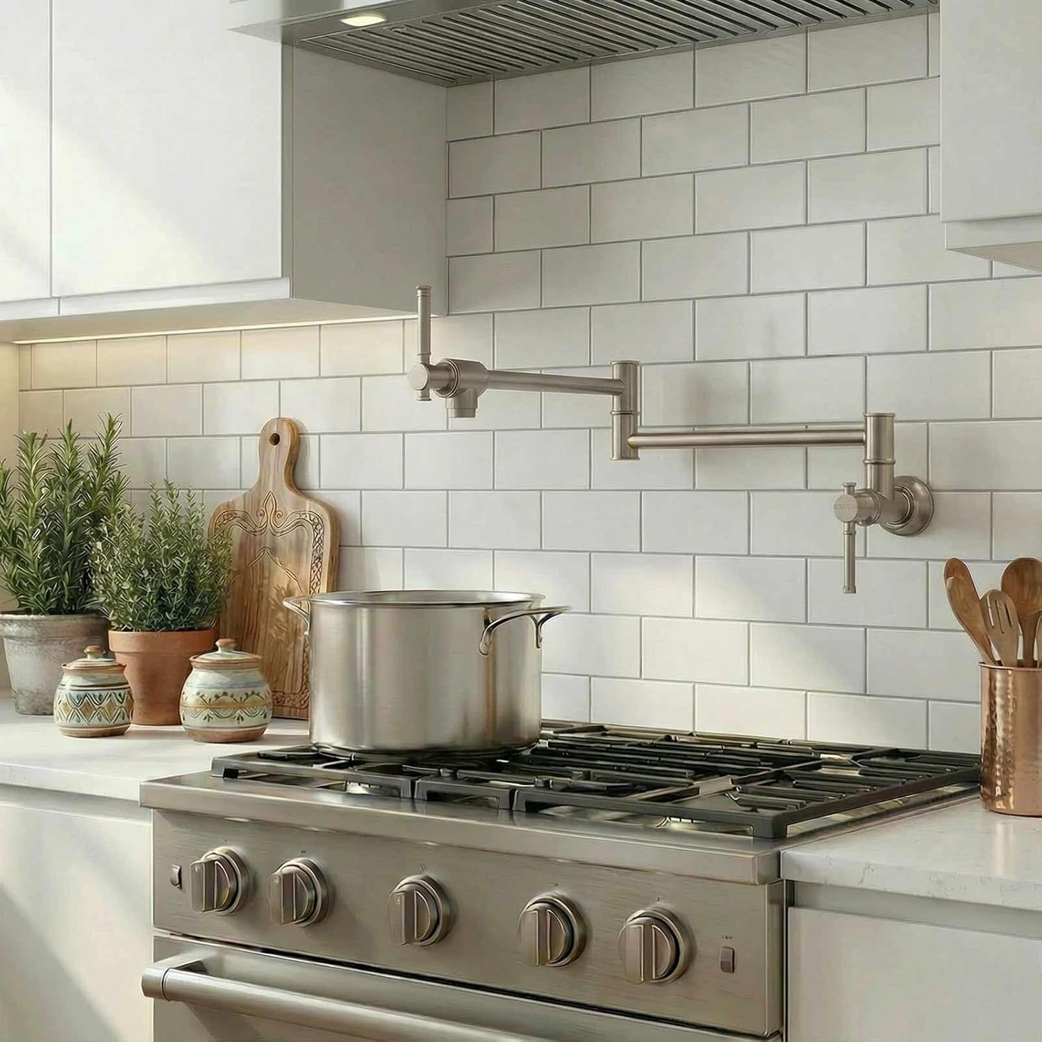 Lava Odoro Brushsed Nickel Pot Filler, Modern Wall Mounted Folding Pot Filler Kitchen Faucet, Swing Arm Double Joint Stove Faucet, PF317-BN