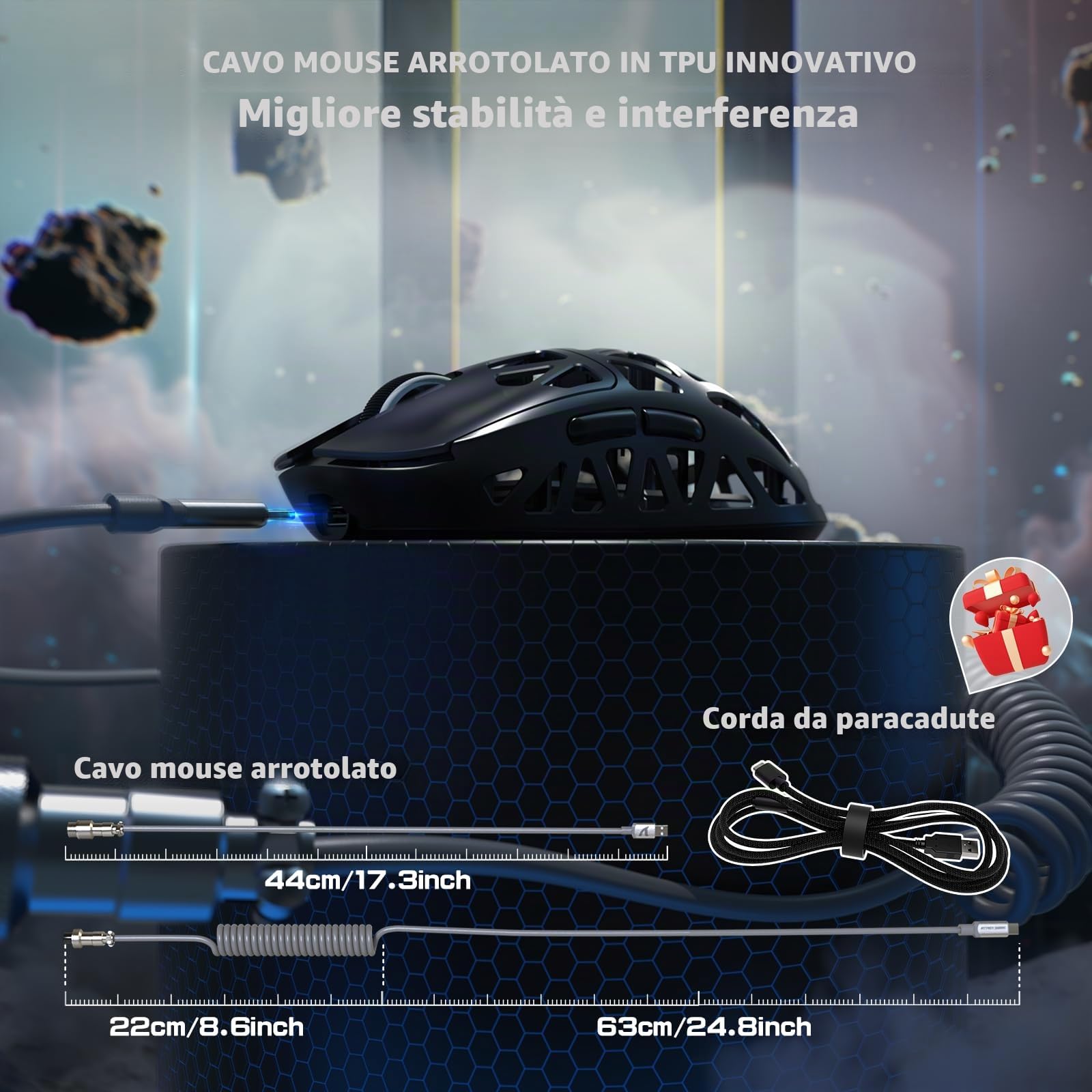 ATTACK SHARK R2PRO 45g SUPERLIGHT Gaming Mouse in Lega di Magnesio, PixArt PAW3950, 42000DPI, Wireless 8000Hz Tasso di Polling, G502 Mouse da Gioco, 2.4G/BT/Cablato, con Cavo a Spirale, PC/Mac, Nero