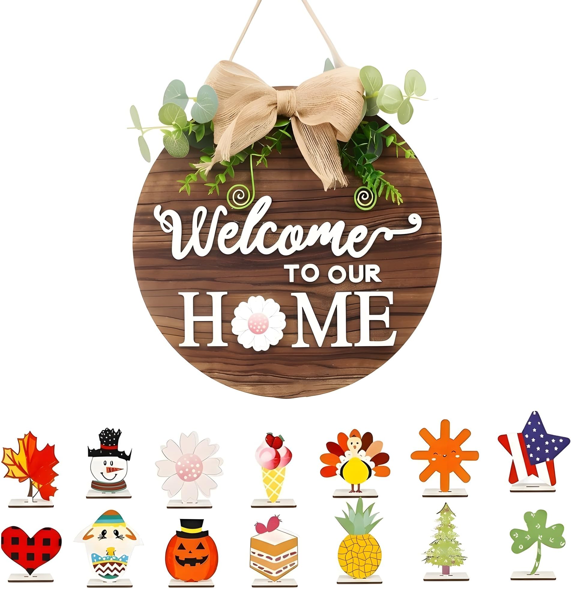 Beauenty Interchangeable Seasonal Welcome Home Sign, Welcome Sign For Front Door, With Replaceable Icons Wood Round Wreath, Used For Holiday Parties, Outdoor, Farmhouse And Porch Home Decoration