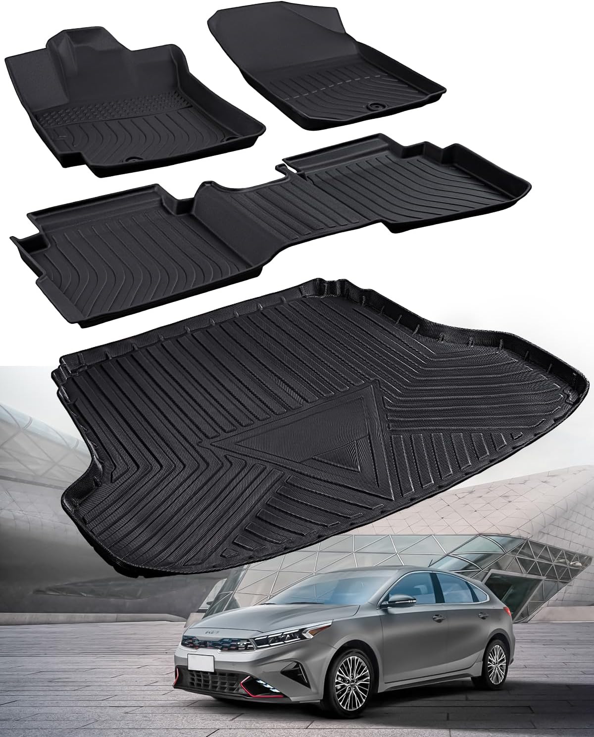 All Weather Floor Mats Cargo Liner S/LX/EX/GT 2024 2023 2022 2021 2020 2019, Waterproof Nonslip Heavy Duty Durable Custom TPE Carpet Rug Trunk Cover Protector for KIA Forte 2019-2024 Accessories