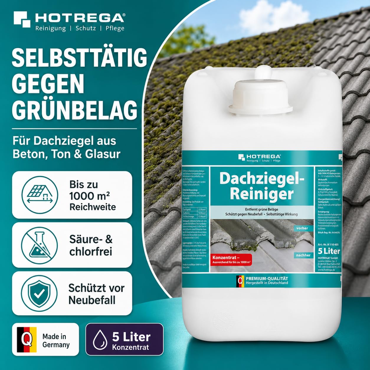 HOTREGA Dachziegel Reiniger Konzentrat 5 L | Gegen Algen & Moos | Chlorfrei | Selbsttätiger Grünbelagentferner | Reichweite bis 1000m² | Für Beton, Ton & Glasur | Schont Kupfer, Zink & Metallrinnen