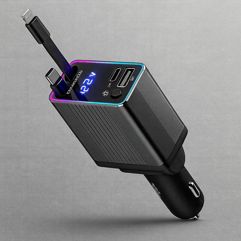 Carregador De Carro Premium Retrátil 4 Em 1, USB-C, 120W, VARENZIA | USB Duplo, Tela De