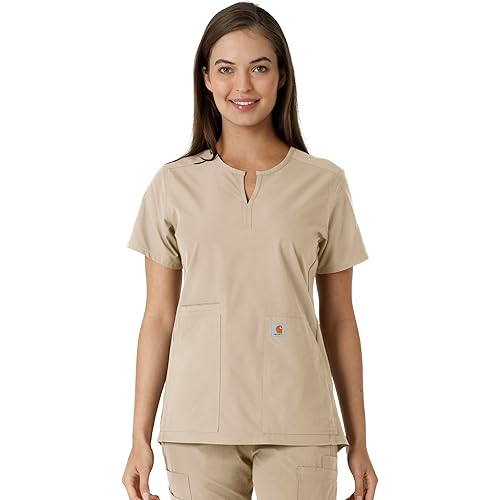 Carhartt Force Essentials Women's Notch Neck Tunic Knit Panel Scrub Top - Khaki, S