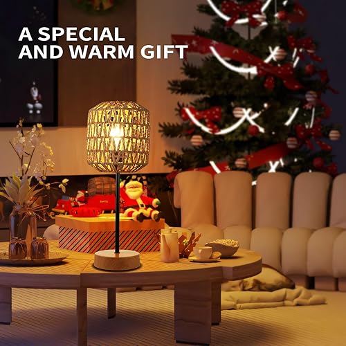 Miniatura 5 de N02 - Lámpara de mesa de ratán bohemio con control táctil, lámpara de noche regulable con cable enchufable, pantalla tejida, base de metal de