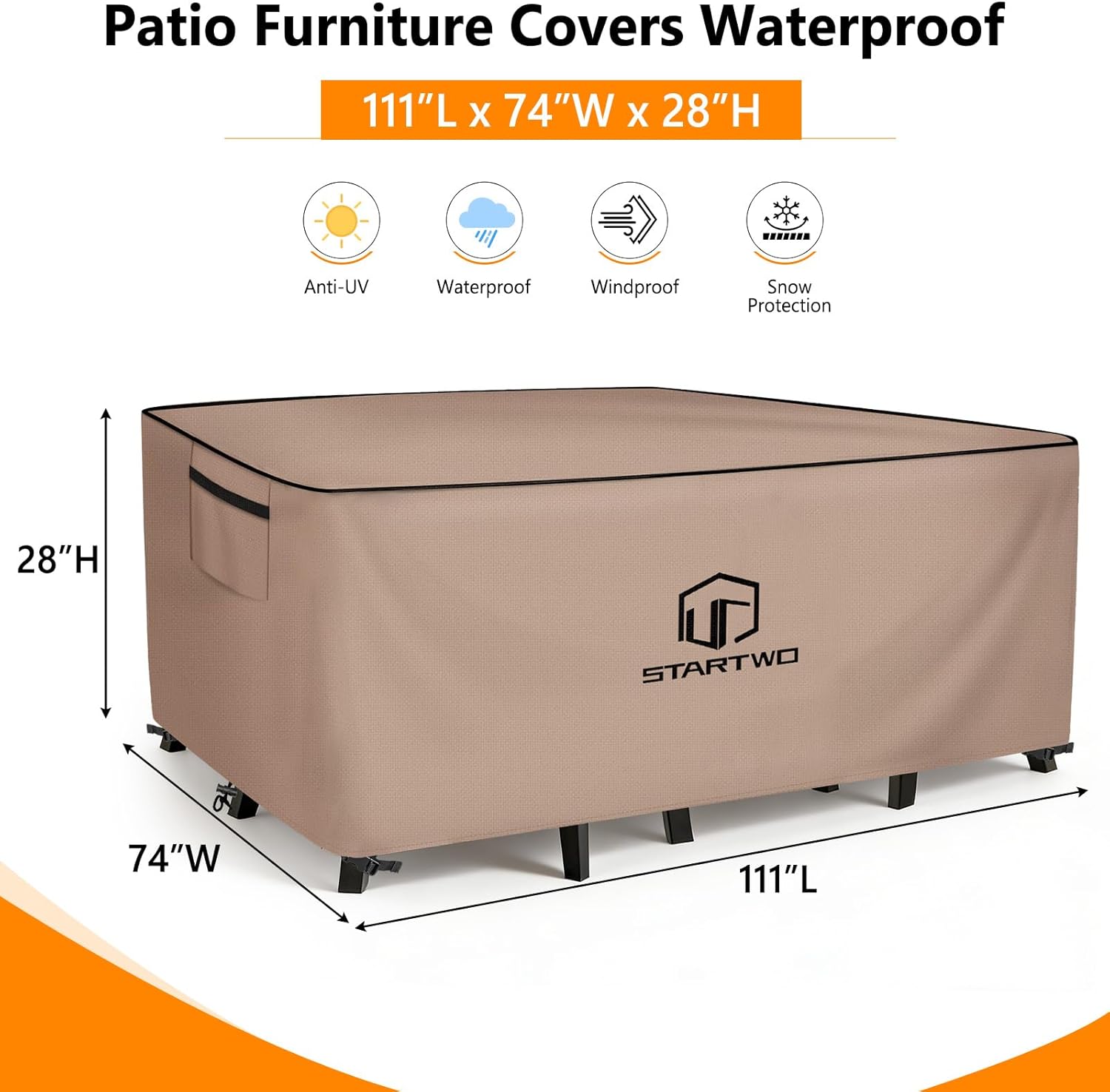 STARTWO Outdoor Furniture Covers Waterproof,Sofa,Table and Chairs General Purpose Patio Furniture Covers with Elastic Hem and Air Vents 111L x 74W x 28H inch（Brown)