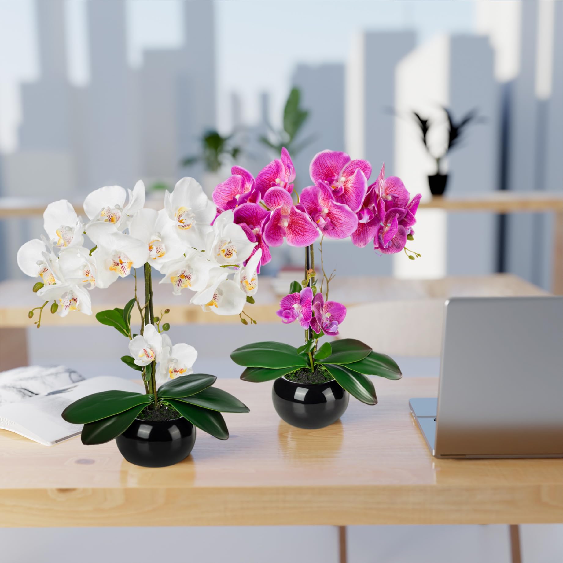 PASCH® Lot de 2 Orchidées Artificielles en Pot dans des Pots en Céramique Brillante (40 cm)