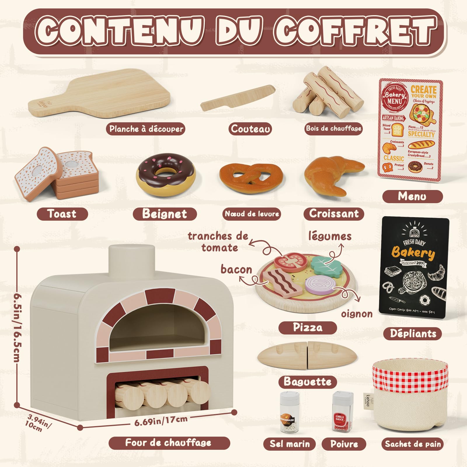 Lehoo Castle Accessoire Cuisine Enfant, Pizza Bois, Cuisine Enfant en Bois, Dinette 3 Ans, Jouet Éducatif Éveil Montessori | Ensemble de nourriture pour enfants de 3, 4, 5, 6, 7, 8 ans, cadeau pour fille et garçon
