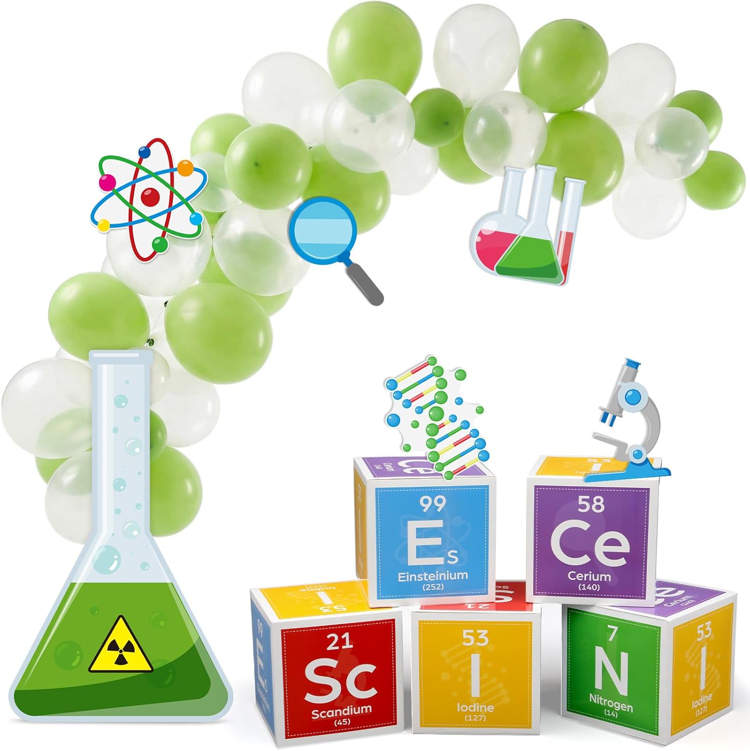 Kosiz Green Clear Color 61 Pcs Science Party Decorations Kit Scientist Birthday Party Supplies with 12 Inches Science Favors Boxes Chemistry Laboratory Erlenmeyer Flask Prop Sign for Lab Week Stem