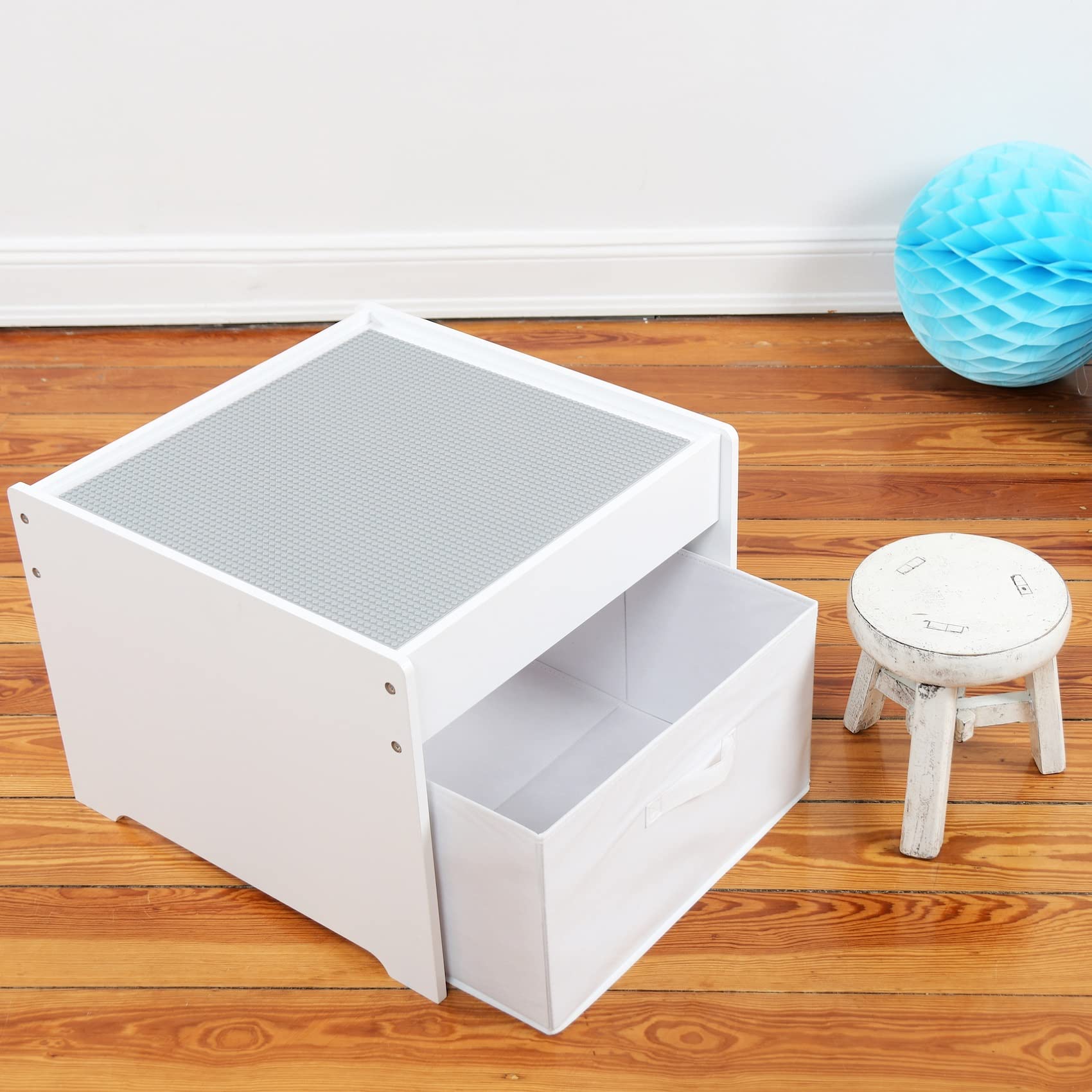 Legostein-Spieltisch, Kindertisch und Aufbewahrungsbox, 2in1 mit Grauer Bauplatte, Kindermöbel mit Stauraum