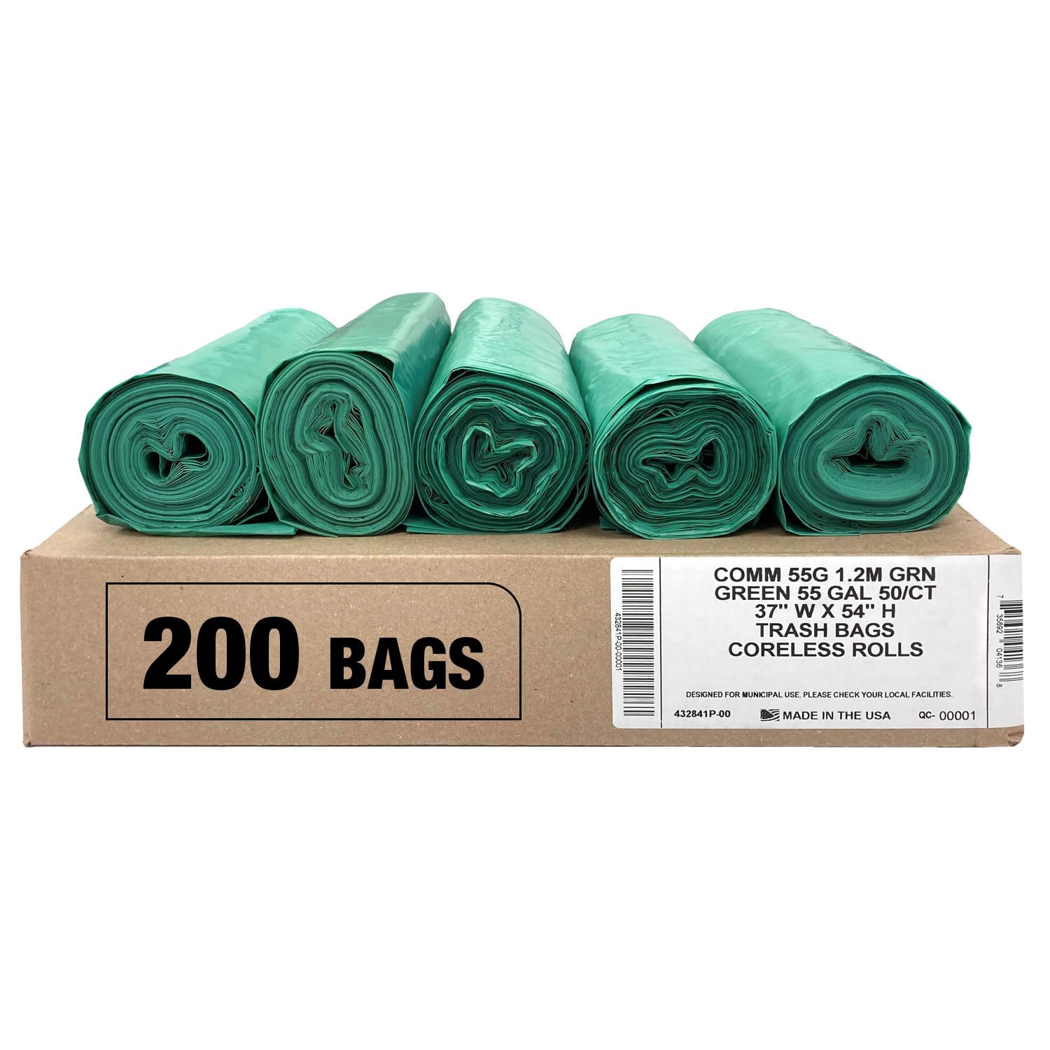 Ultrasac Heavy Duty 55 Gallon Green Trash Bags - (Value 200 Pack) - 1.5 MIL equivalent Industrial Strength Plastic 37" x 54" for 50-55 Gal Cans -Fits