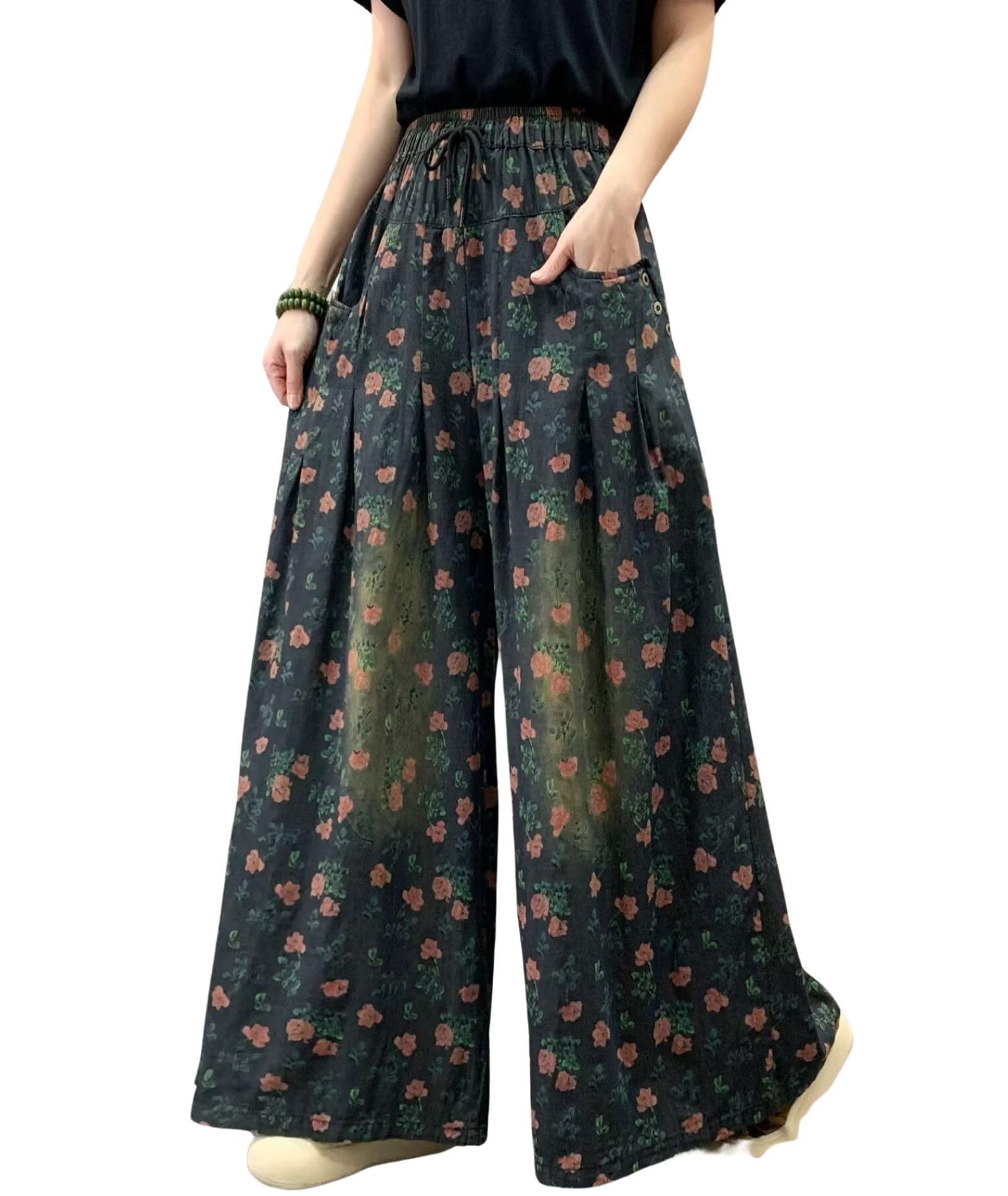chouyatou Womens Floral Wide Leg Denim Pants Adjustable Drawstring Baggy Elastic Waist Culotte Jeans