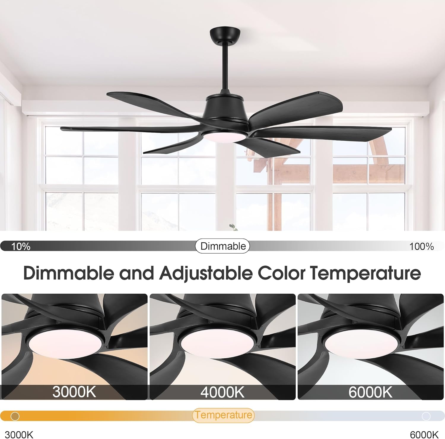 LEDLUX Smart Ceiling Fan light showing 3000K, 4000K, and 6000K color temperatures with dimming bar