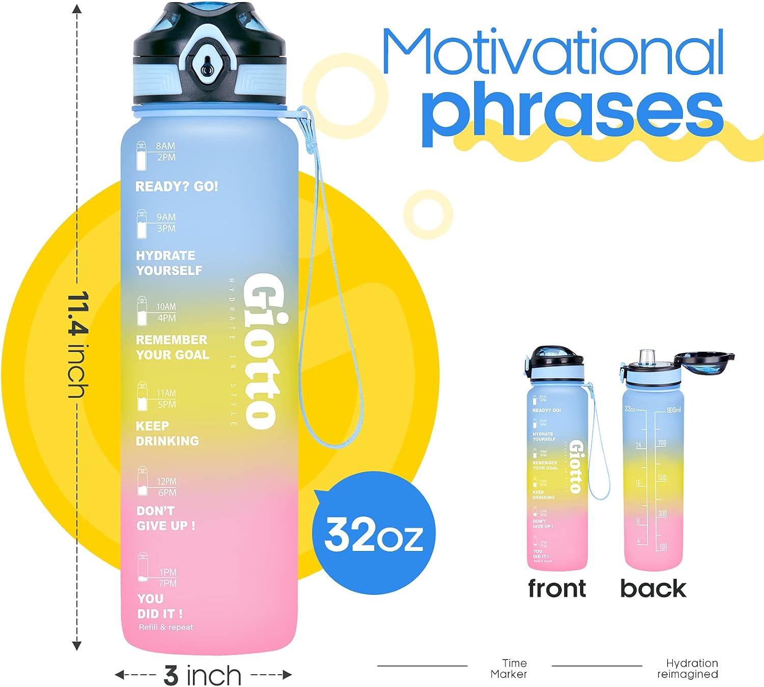 Giotto 32oz Motivational Water Bottle with Time Marker & Removable Strainer, Leakproof Fast Flow BPA Free Water Jug to Remind You Drink More Water and Hydrate in Style