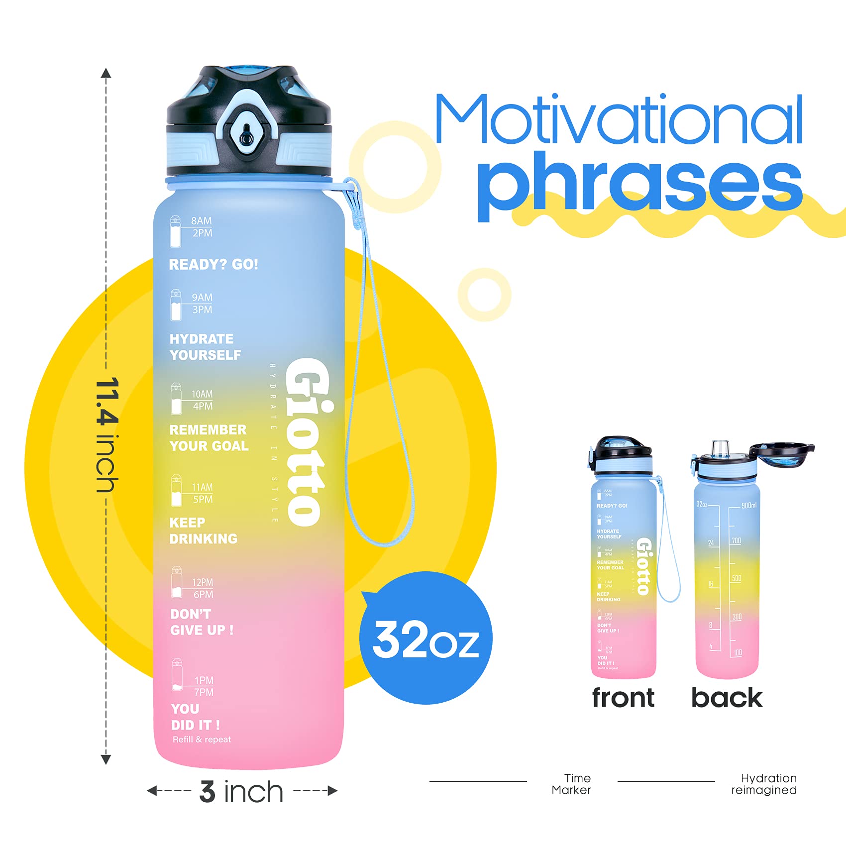 Giotto 32oz Motivational Water Bottle with Time Marker & Removable