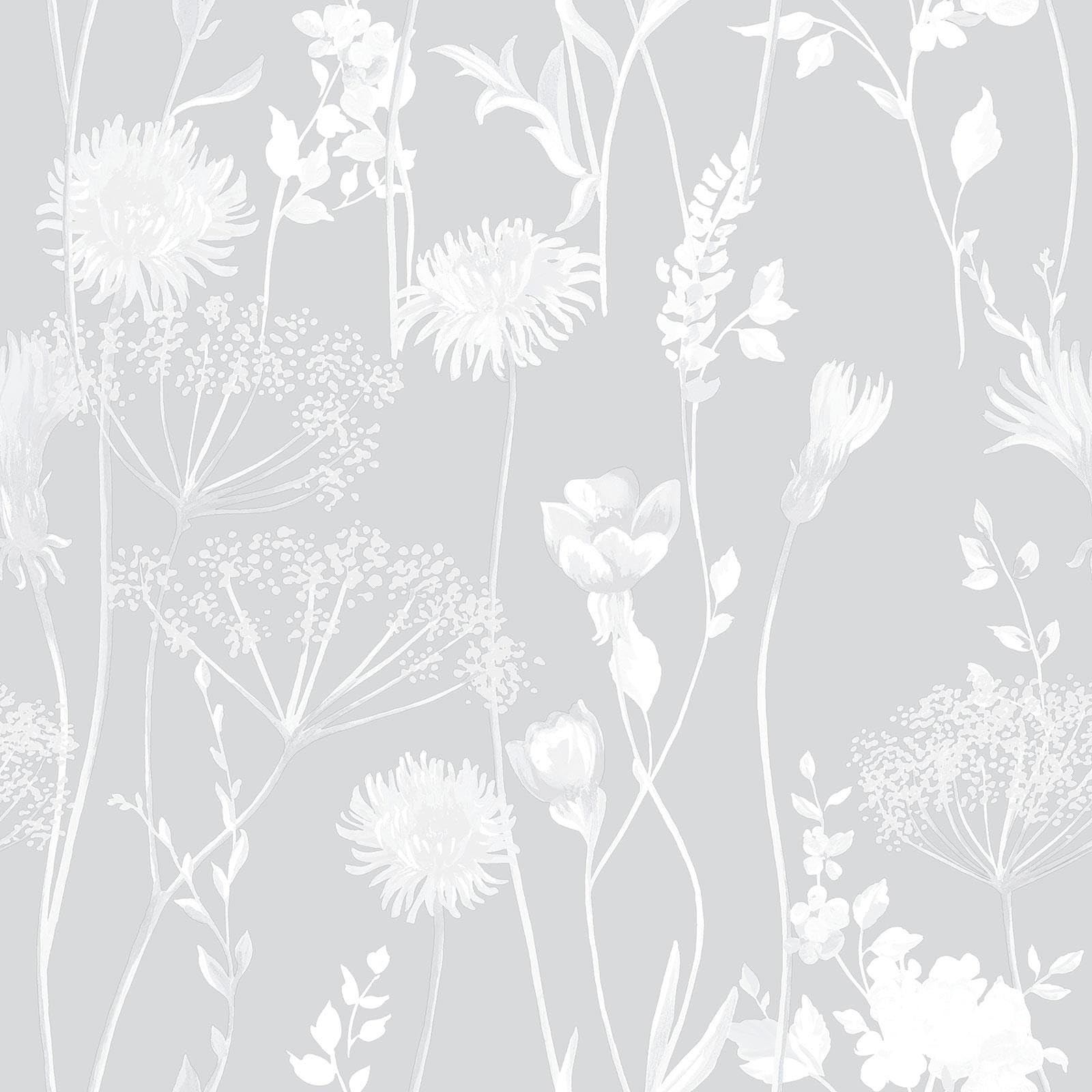 B&Q -  Meadowsweet Floral Grey Straight Match Wallpaper