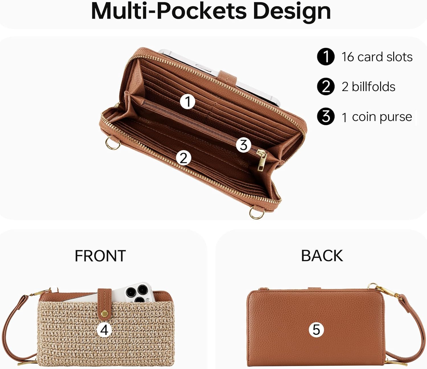 Woven Crossbody Purse for Women Crochet Cell Phone Purse with Built in Wallet Vintage Leather Wristlet Wallet - Image 7