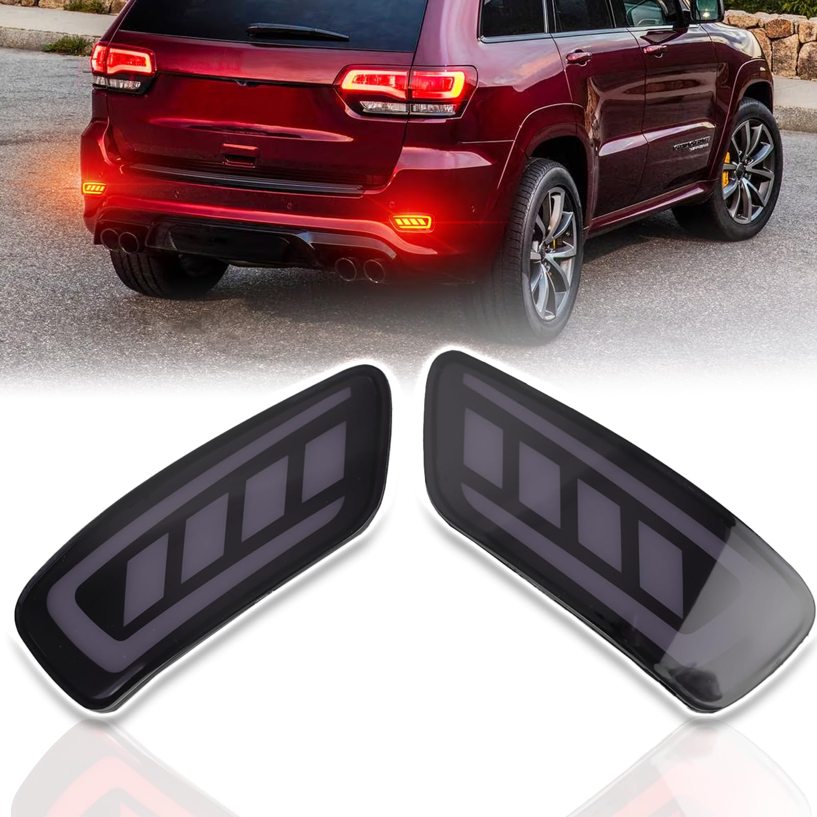 Smoked LED Rear Bumper Reflectors Fog Brake Tail Light Sequential Turn Signal Lamps Compatible with Jeep Grand Cherokee 2012-2021 Compass 2011-2017 Dodge Journey 2011-2017 (SMOKED)