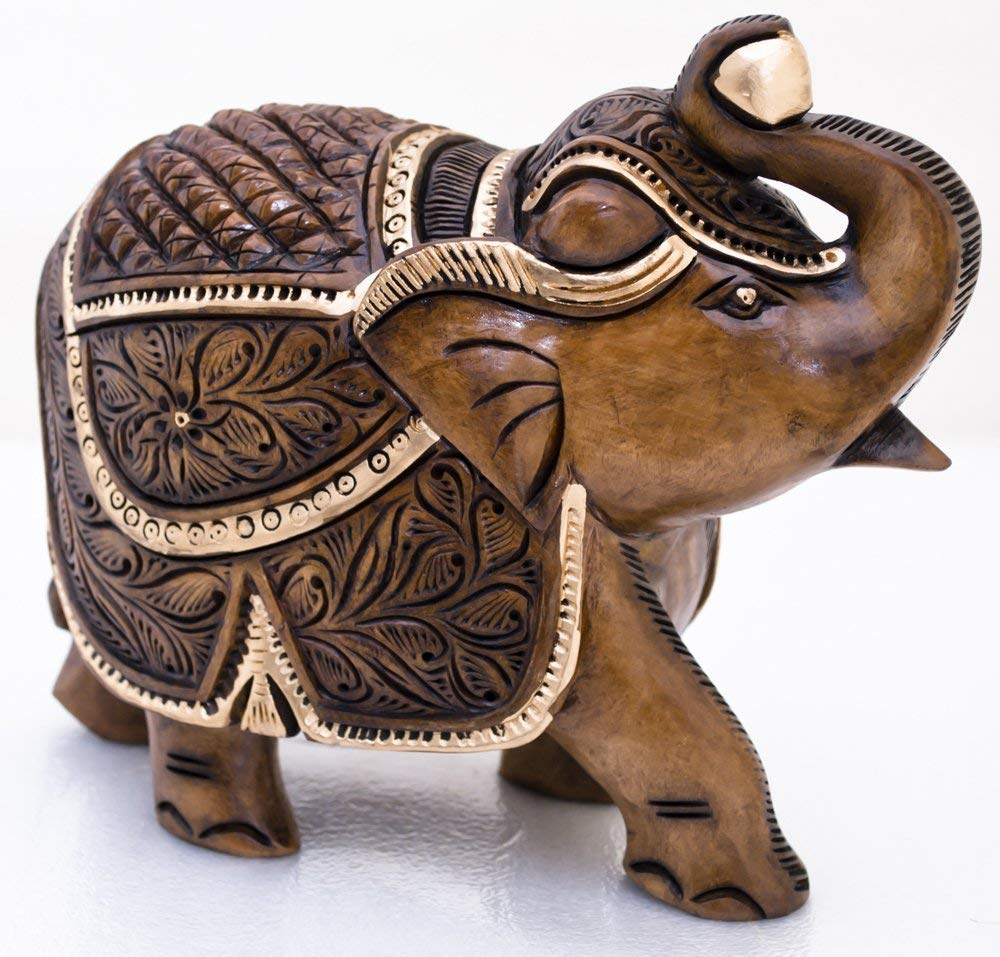 Kaka jiji HandicraftWooden Elephant Idol Feng Shui Good Luck Statue Handmade 5 Inches Home Decor with antiq Look Gift and Temple Pooja I Home Decor I showpiece I Gifts for Housewarming