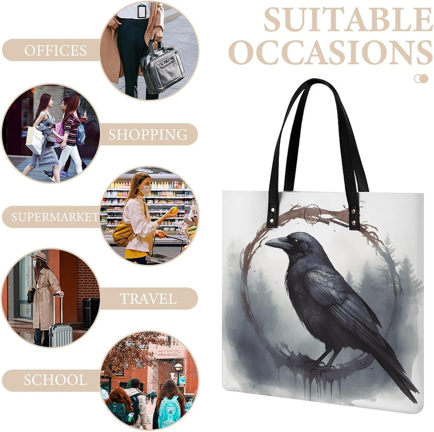 Black Crow Tote Bag with Magnetic Buckle Reusable Grocery Bags Lightweight Cross Body Handbag for Daily Essentials