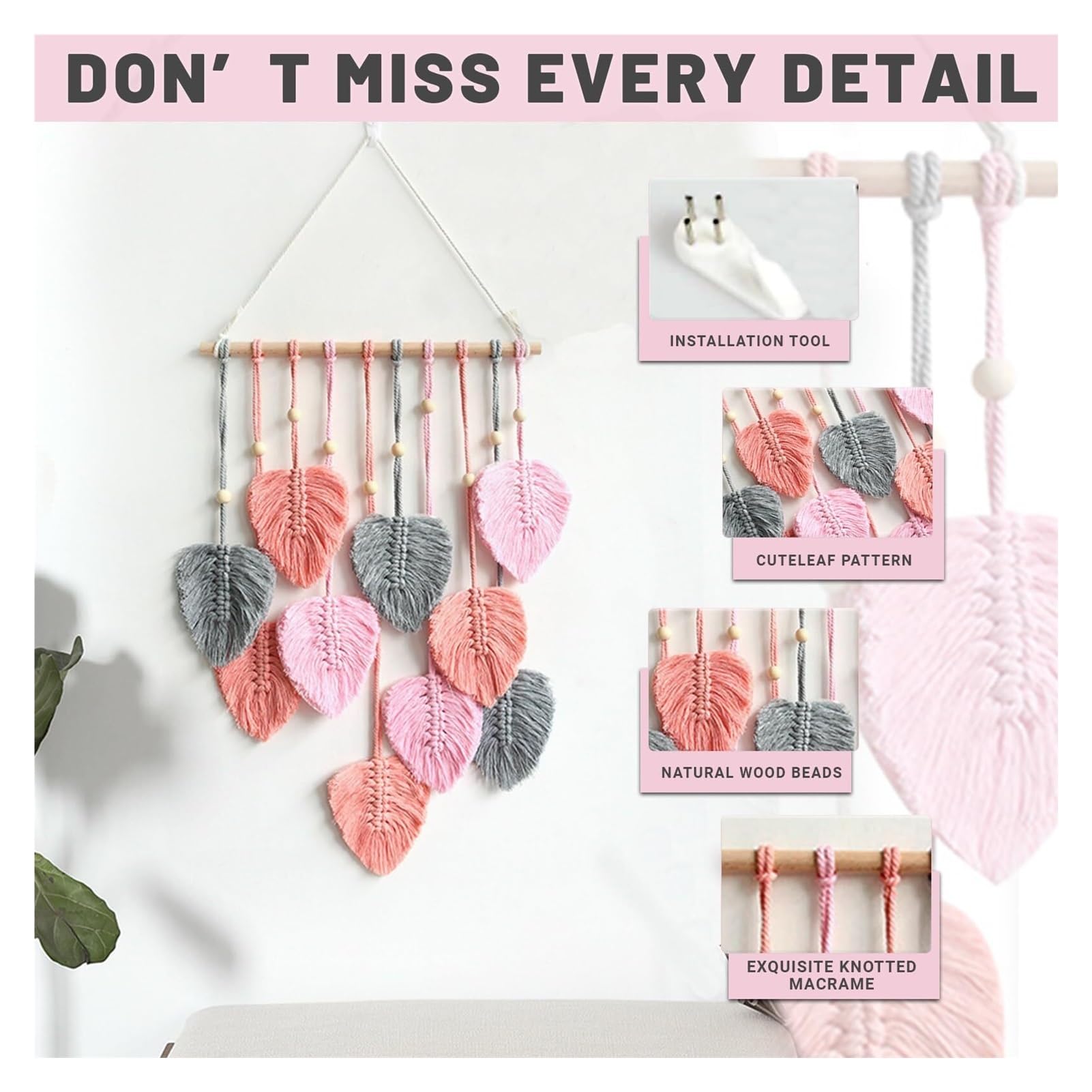 Tapiz de pared tejido, Tapiz de pared de macramé con borlas de hojas verdes, hecho a mano, tejido de algodón, hojas de macramé, decoración de pared con hojas(Pink)