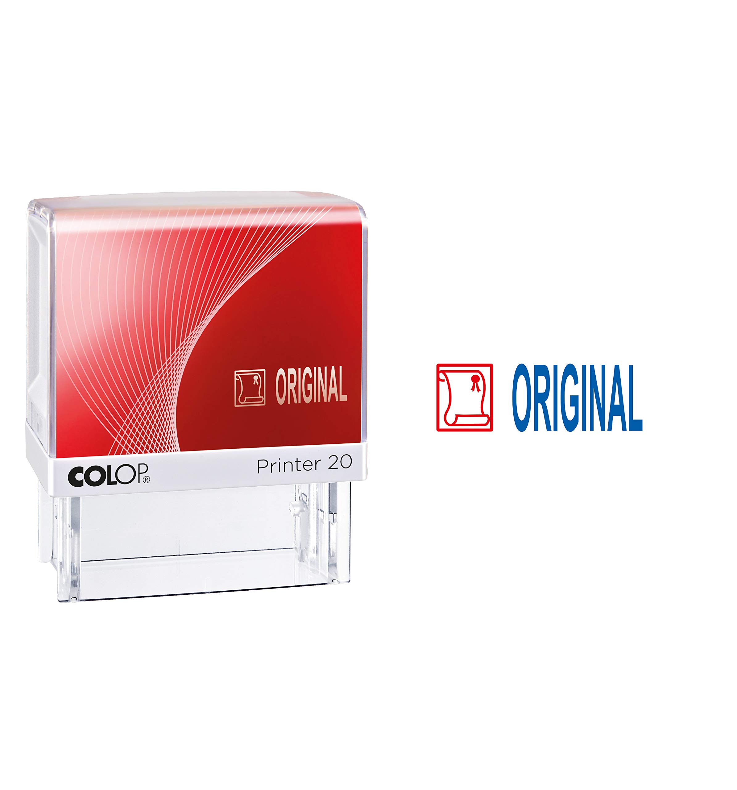 COLOP Printer 20 Text Stamp Original and Pictogram, Imprint Colour Blue/Red, Ready Stamp with Stock Text and 2-Colour Cushion