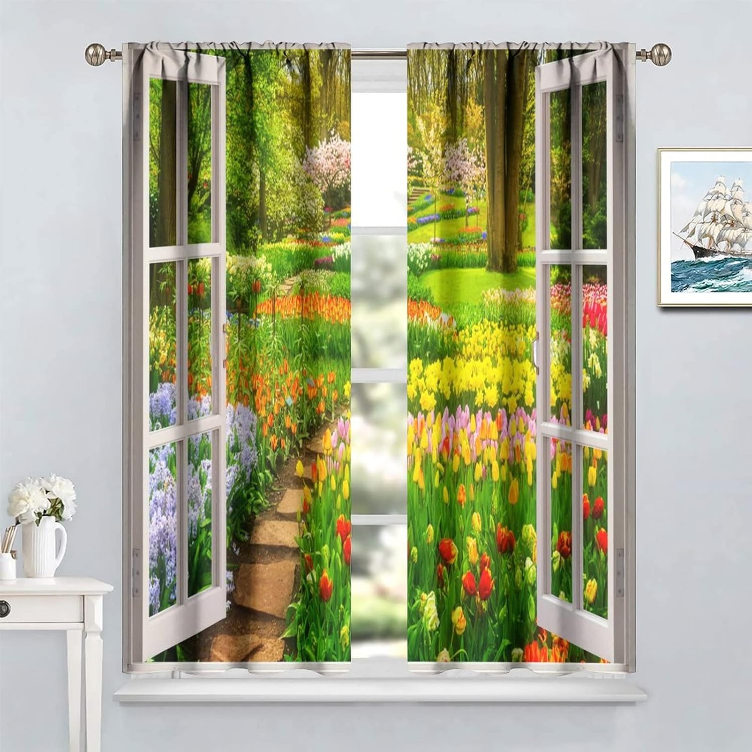 YCness Landscape Curtains,Flower Forest Nature Curtains for Living Room, 3D Secenery View Blackout Green Spring Window Treatments for Bedroom Drape 2 Panel Sets,42x45 Inch, Style-9