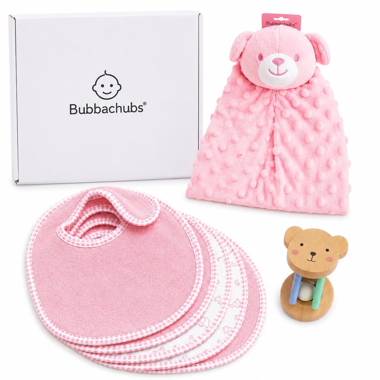 Bubbachubs Baby Girl Gift Set with 5 Terry Bibs, Comforter & Baby Rattle