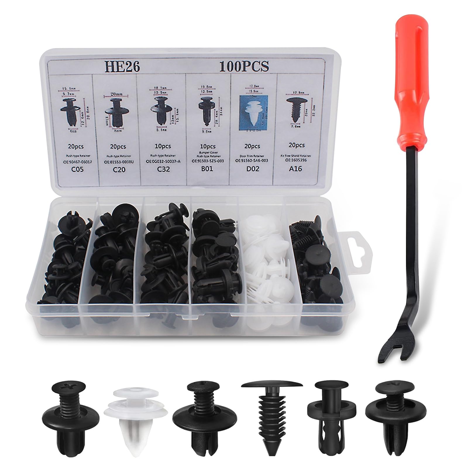 Automotive Fastener Clip Combo Set, Bumper Fender Retaining Clip Rivet Kit, Portable Parts Removal Tool Replacement Kit, Universal for Most Cars (Black)