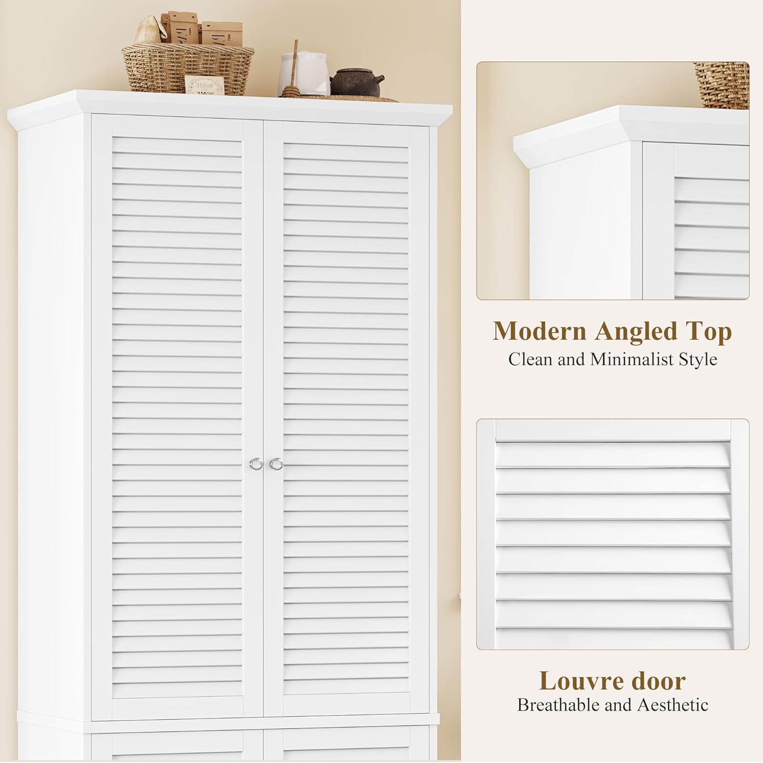 70.9" Tall Storage Cabinet, Wood Pantry Cabinet with 4 Shutter Doors and Adjustable Shelves, Kitchen Hutch Bar Cabinets with Wine Rack for Dining Room, Living Room, Kitchen, White, Modern